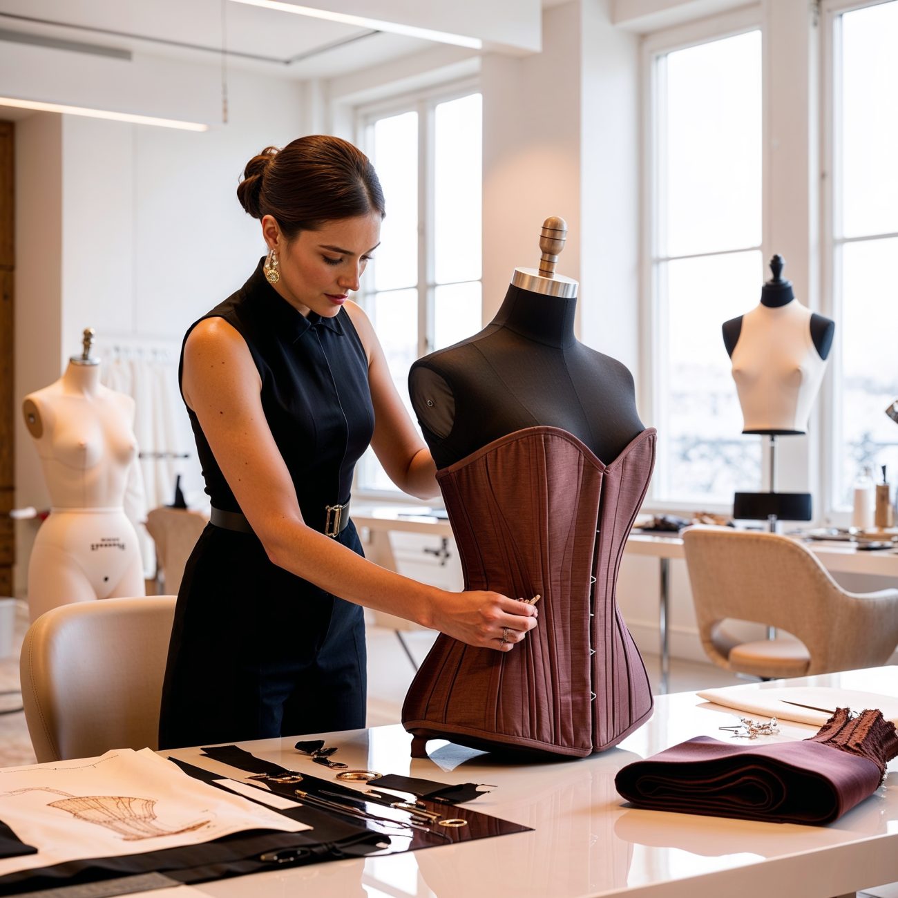 une femme qui fabrique un corset