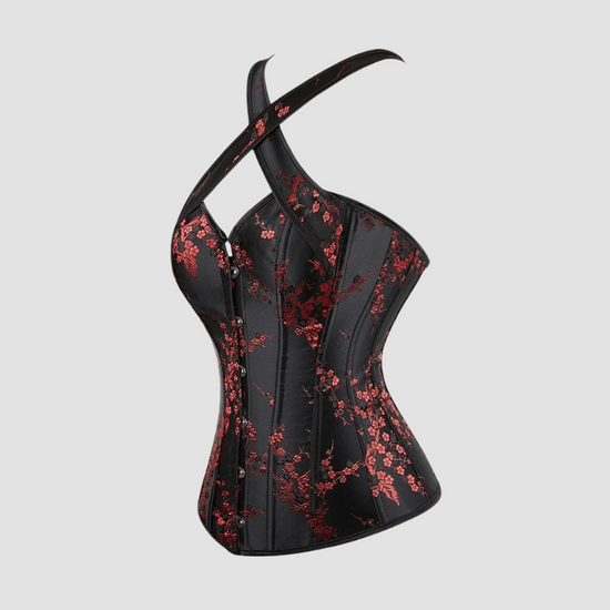 corset femme habille noir et motif à fleur rouge