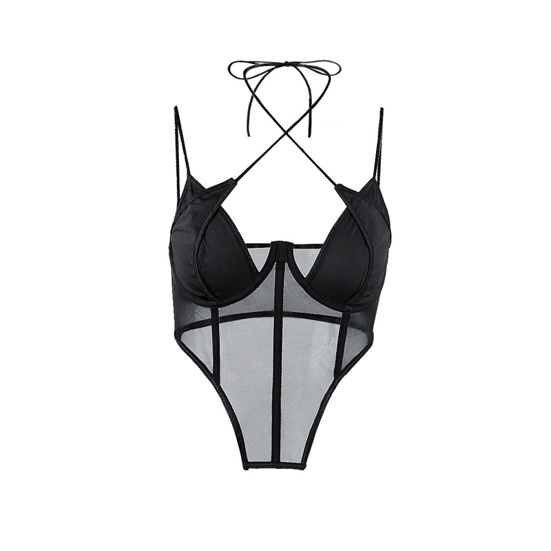 top corset noir pour femme avec un tissu en maille transparent