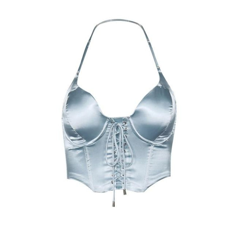 un corset bustier avec un teint bleu satin 
