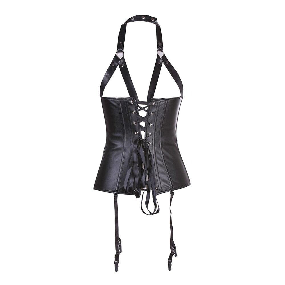 Un corset en simili cuir noir avec des porte-jarretelles 