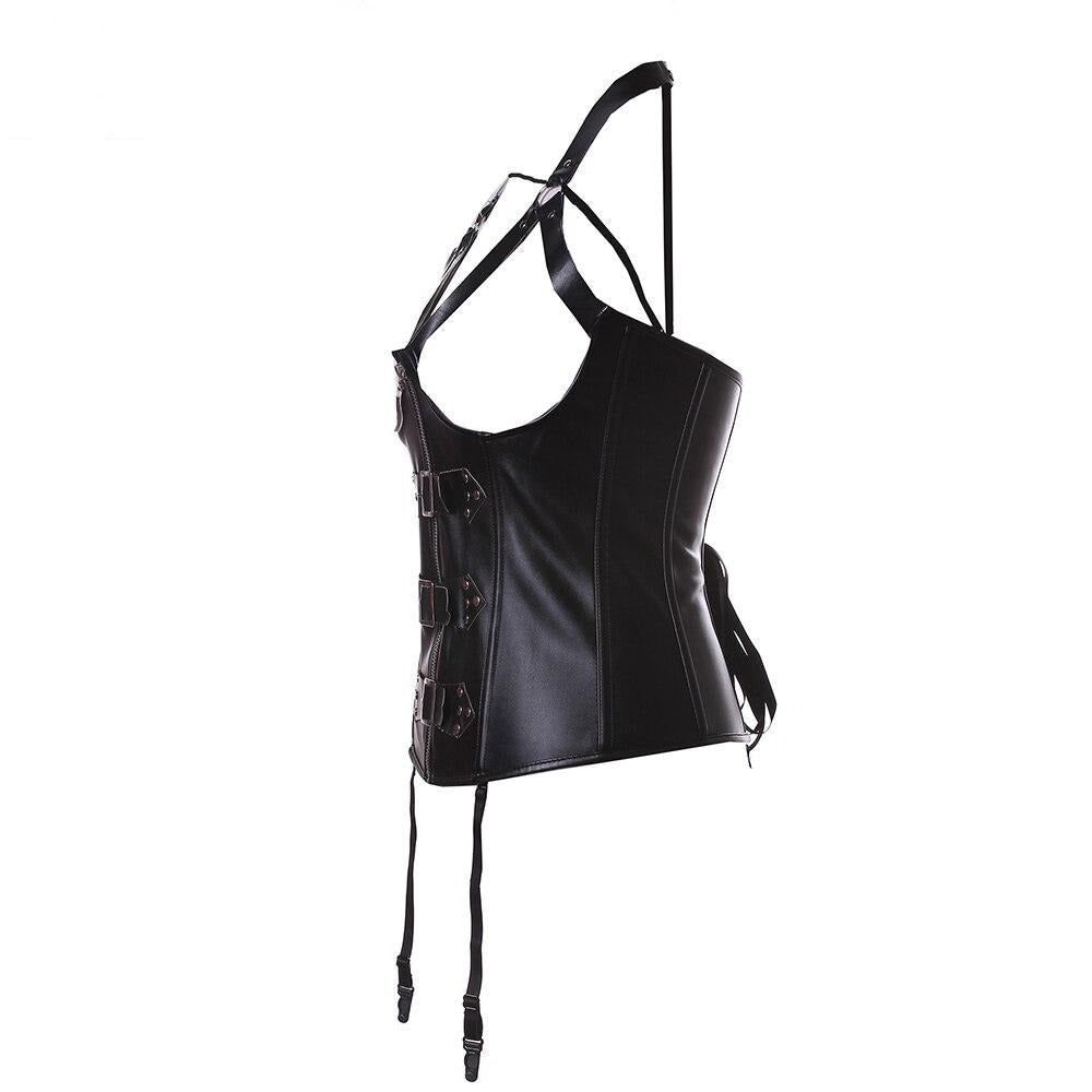 porte-jarretelles intégré à un corset en simili cuir 