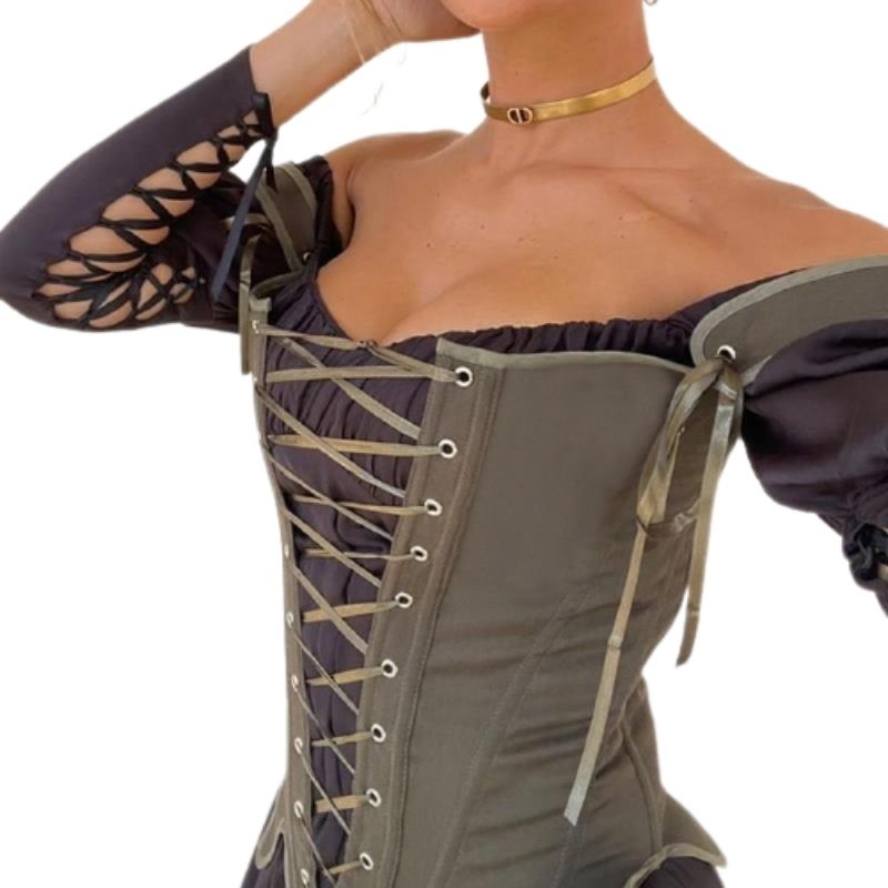 un corset top de couleur kaki avec un style vintage