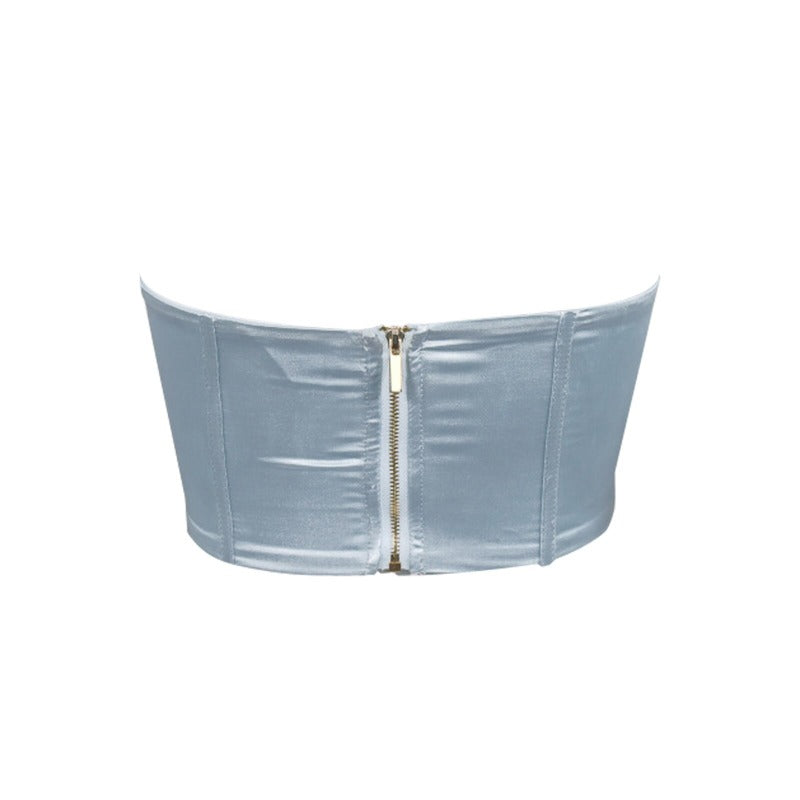 fermeture zip d'un corset bustier bleu 