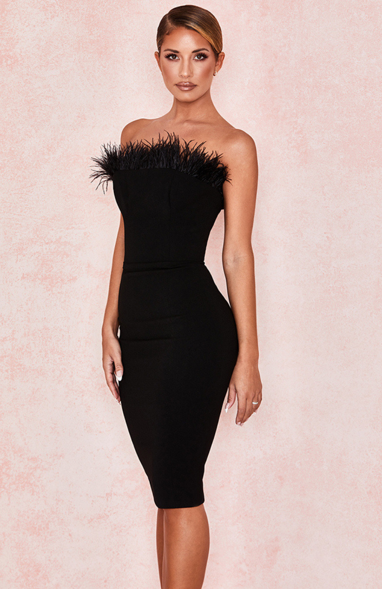 une robe bustier noir avec plumes | Maison du Corset