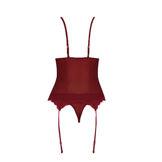 un corset rouge avec ses porte-jarretelles 